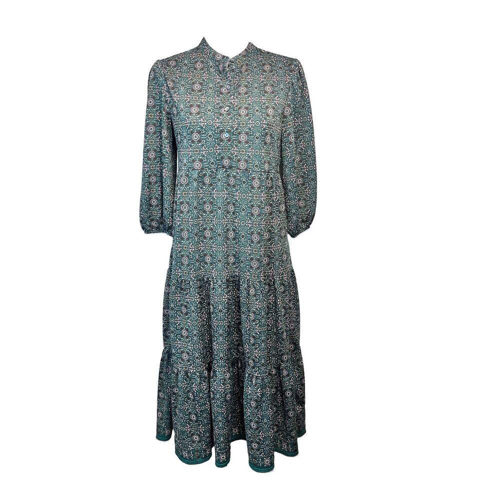 Max Studio Blouse size Small Hunter Green Pink Floral Peasant Boho Midi Modest